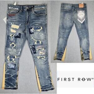 First Row Mens 34x32 Vandalize Ripped and Stitched Straight Slim Jeans